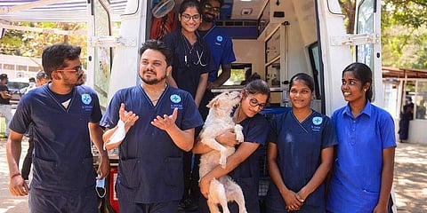 Blue Cross members with the country's first fully equipped mobile ambulance for on-site treatment of street animals. (Photo| Debadatta Mallick, EPS)