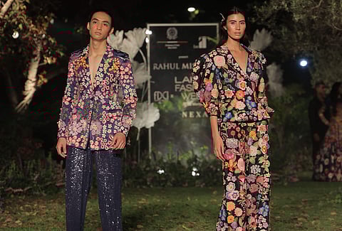 Model walking for the Opening show by Rahul Mishra at the Italian Embassy for FDCI X Lakmé Fashion Week