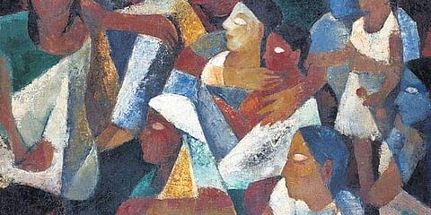Congregation in a village, oil on canvas (1957)