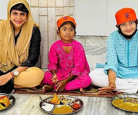 Mandira Bedi with her kids at a gurdwara to mark Raj Kaushal's first death anniversary