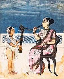 A royal woman on a terrace (probably in Hyderabad); (right) a tribal woman/courtesan (South India)