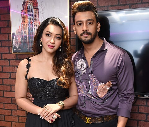 The leads, Bonny Sengupta and Koushani Mukherjee, of Antarjal at the trailer, poster and music launch
