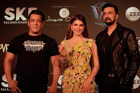 Sudeep and Salman Khan with Jacqueline Fernandez at Vikrant Rona Hindi trailer launch