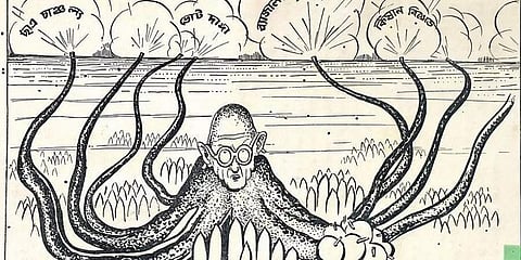 Gandhiji as an octopus with non-violence as gunpowder