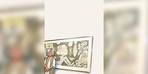 Jogen Chowdhury in front of his artwork, ‘Partition’