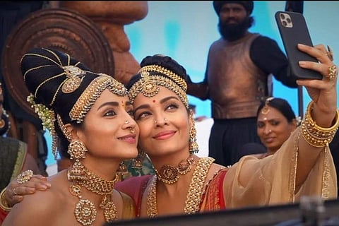 Trisha Krishnan poses with Aishwarya Rai Bachchan on the sets of  Ponniyin Selvan-I