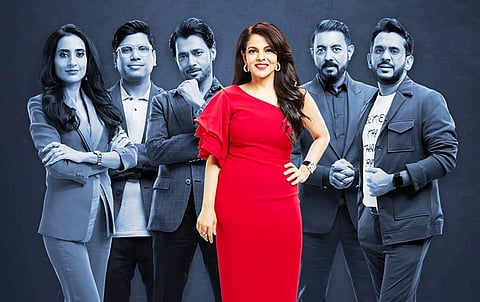 Namita Thapar flanked by the other judges on Shark Tank