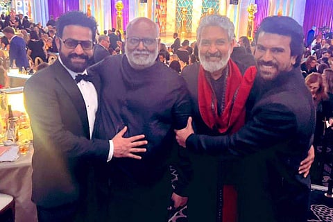 SS Rajamouli with MM Keeravani, Ram Charan and Jr NTR