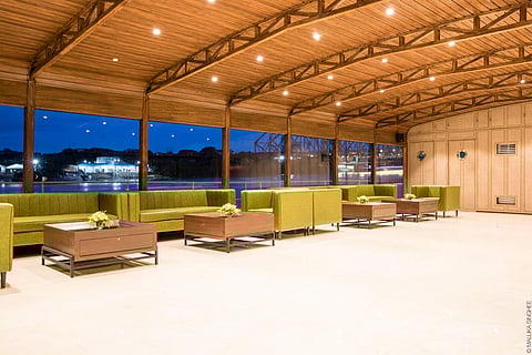 Indoor seating arrangement in The Upper Deck at night