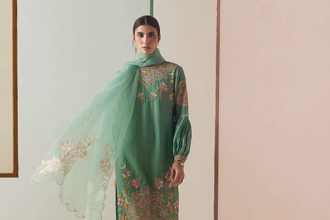 The collection showcases chanderi silks, soft cottons and silk organzas selected for their breathability and fluidity