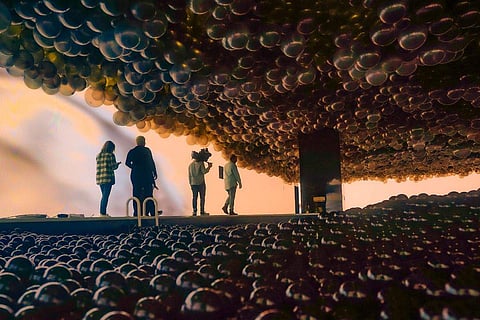 An immersive installation ball pit called 'Hyperstellar' by Hyperstudio, is installed as part of the Balloon Museum's U.S. exhibition