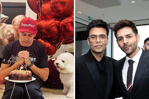 [L]Kartik Aaryan With His Pooch Katori - [R] Kartik With Karan Johar