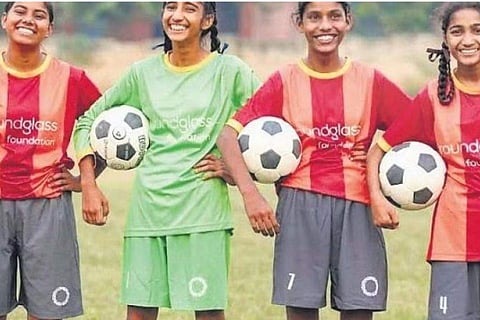 (Above and below) Village girls in Punjab part of the One Girl, One Football initiative
