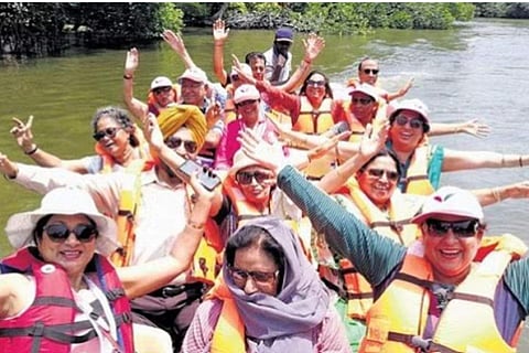 Seniors river rafting during a vacation