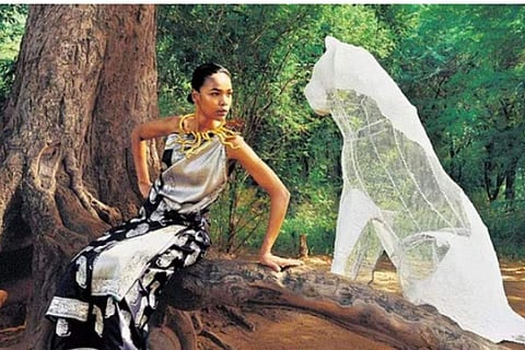 The collection, comprising seven saris and 10 lehengas in pure silk, harnesses the might of the animal by mixing striped and floral motifs through jewelled tones and treasured techniques