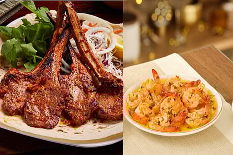 In frame: Pan-seared lamb Chops and Butter Garlic Prawns
