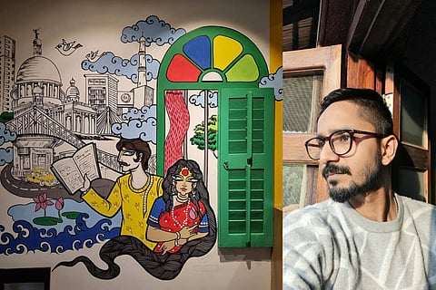 Swadhin Ganguly (R) and his artwork (L)