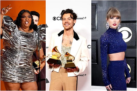 Lizzo (left), Harry Styles (centre), and Taylor Swift (right) at Grammys 2023