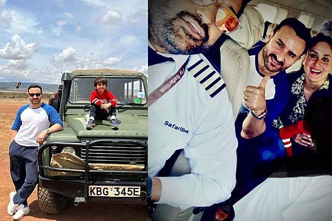 In one of the photos shared online, Taimur can be seen sitting on the hood of a jeep while looking away from the camera