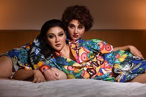 Swastika and Jaya are wearing Bobo Calcutta jackets hand-embroidered in silk inspired from the rainforests. It is a surreal interpretation of a world full of hybrids and bloom.