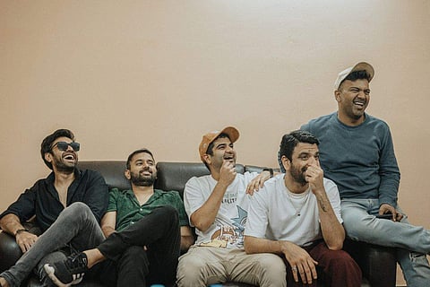 L to R: Harshvardhan Gadhvi (guitarist) Sahil Shah (drummer) Himonshu Parikh (music producer) Rajan Batra (lyricist and lead vocalist) Stuart D’Cousta (Bass)