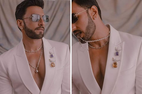 Ranveer Singh's white pantsuit, paired with jewels from Tiffany & Co, stands synonymous with suave