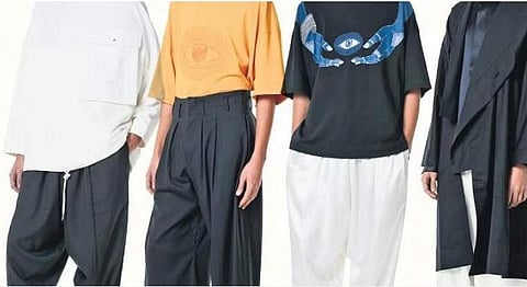 (From left) Giant pocket sweatshirt; Bollywood trousers; Giving mudra T-shirt; Robe coat