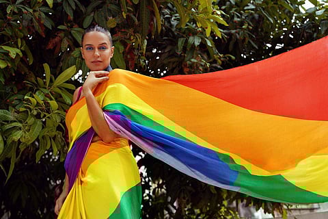 Neha Dhupia in her Pride saree look