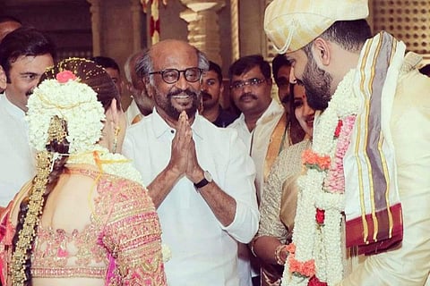 Rajinikanth at the wedding of Aviva Bidappa and Abishek Ambareesh