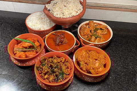 Bagara Rice with Naatu Kodi Pulusu, Mutton Curry and Boti Fry