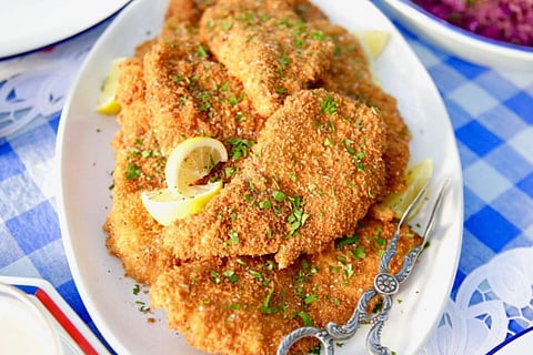 Meisterwurst German Schnitzel with Arugula Parmesan Cheese Salad and Rich Creamy Sauce