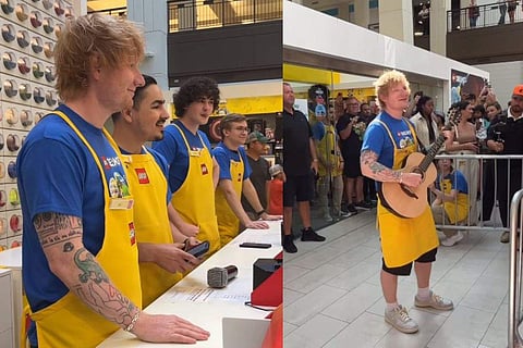 Ed also performed the song Lego House for the crowd outside the store