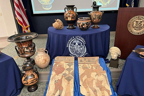 Some of the 266 antiquities returned from the United States to Italy are displayed during a handing over ceremony