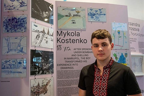 Drawings by Mykola Kostenko, pictured, are part of the War Diaries exhibition