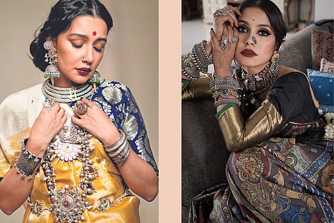 (L) Kanjeevaram silk sari; and Handpainted Kalamakri sari on a Pochampally Ikkat silk base with chunky silver jewellery from Ayush’s collection