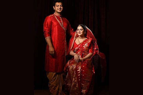 Red raw silk Angrakha panjabi with offwhite embroidered dhoti with red katan benarasi