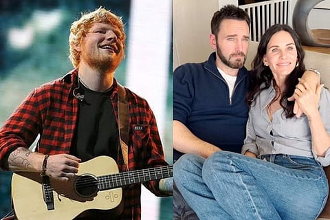 (L) Ed Sheeran; (R) Johnny McDaid and Courtney Cox