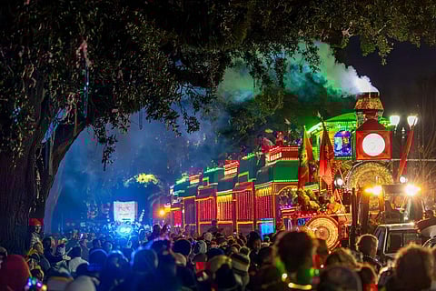 The Krewe of Orpheus Smokey Mary train makes its way up Napoleon Avenue in New Orleans