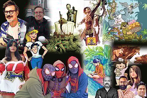 Artistes Dan Parent, John Layman, Alok Sharma, Roshan Kurichiyanil, Akshara Ashok, Roshan Kurichiyanil, Rajesh Nagulakonda, and Savio Mascarenas: Artworks by attending artistes and cosplayers