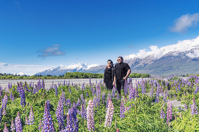 Revati and Charles at Dart riverbed, in New Zealand