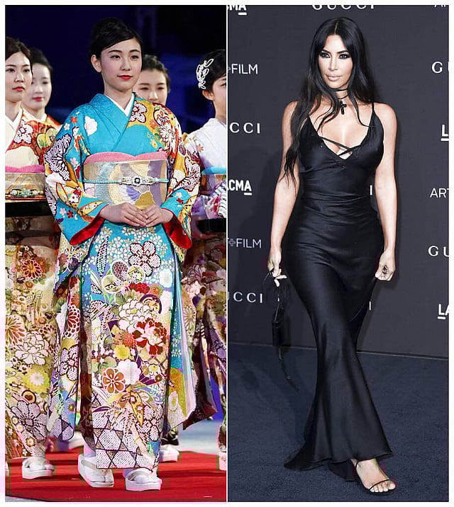 <em>Combo photo of a woman in a kimono & reality star Kim Kardashian West </em>