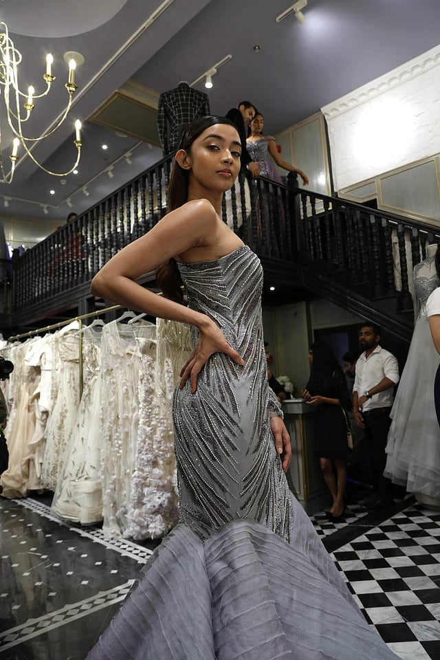 <em>A model poses in a Gaurav Gupta sculptured gown</em>