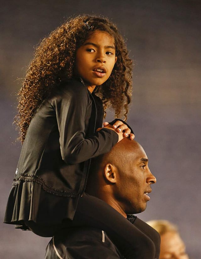 <em>Gianna Maria-Onore Bryant on her father, Kobe's shoulders (AP Photo/Lenny Ignelzi, file)</em>