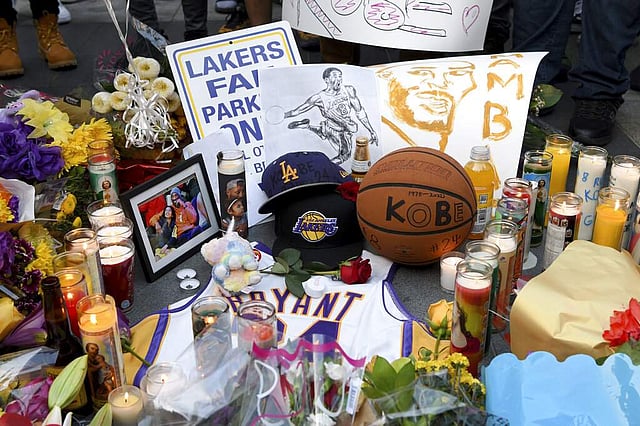 <em>A memorial to Kobe near Staples Center in LA. (AP Photo/Michael Owen Baker)</em>