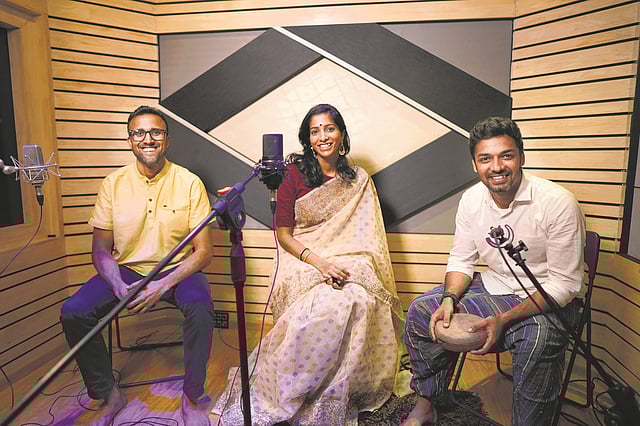 <em>Sushma with Aditya and Sumesh in the studio</em>