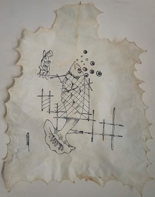 <em>Bhagwati Prasad, Ascent (Begumpura-Ecologies), Ink drawing on goat hide, 122cm x 92 cm, 2020</em>