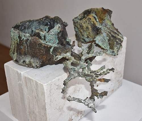 Sculpture by Radhika Agarwala; 'We Diverged InThe Wood III',bronze cast and concrete