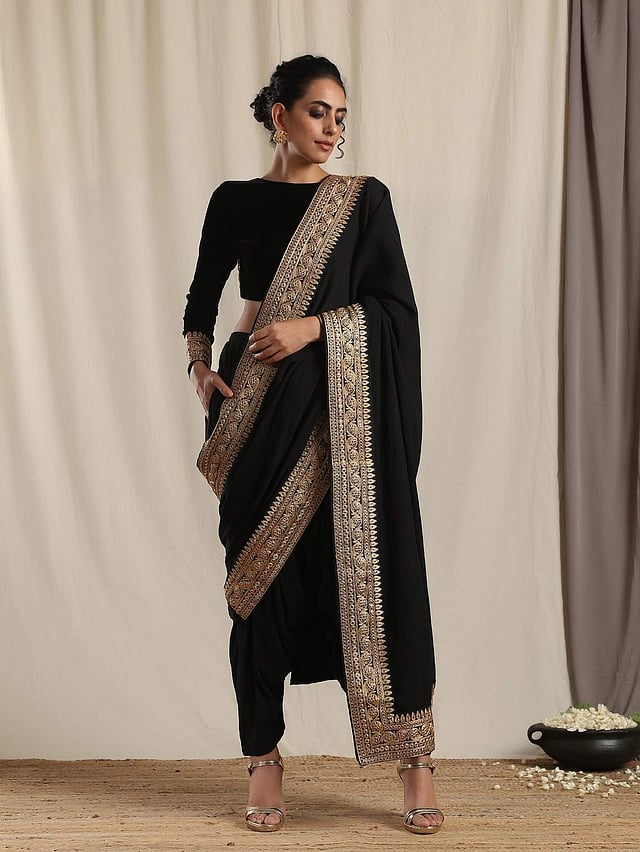 <em>Black Crinkle Ready to Wear Embroidered Saree, Rs. 3,799</em>