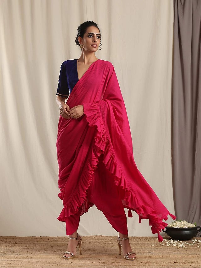 <em>Pink Crinkle Ready to Wear Ruffle Tassel Saree, Rs 2,999</em>