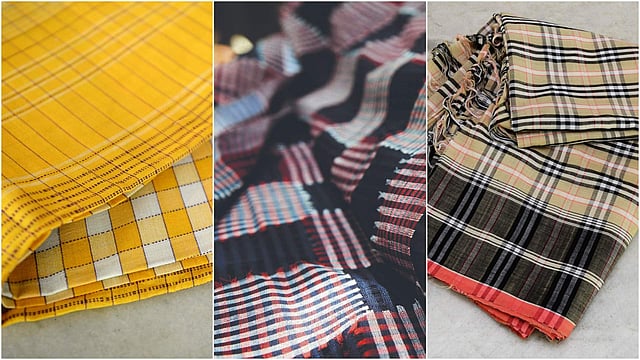 L-R: <em>Khadi </em>cotton handloom<em> sari </em>from Gandhigram, Dindigul; <em>Pelete bite</em> fabric; and a ‘Burberry’ check<em> lungi sari</em> made-to-order from Kurinjipadi, Cuddalore 